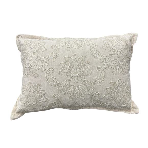 Luxury Throw Pillows Embroidered Rectangular Decor Linen Blend Natural 20”X14” - Picture 2 of 14